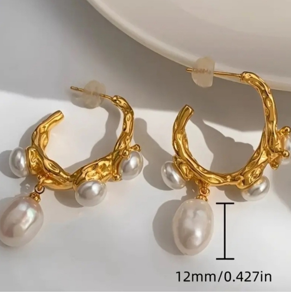 18k Gold Plated & Baroque Pearls Earrings 2” - Picture 6 of 6